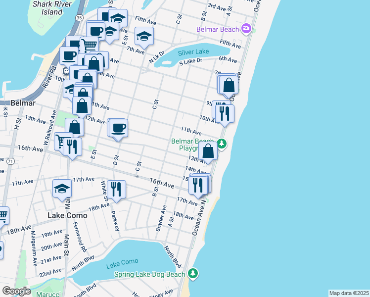 map of restaurants, bars, coffee shops, grocery stores, and more near 205 13th Avenue in Belmar