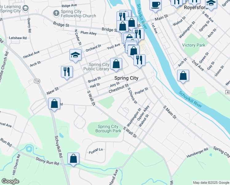 map of restaurants, bars, coffee shops, grocery stores, and more near 264 Chestnut St in Spring City