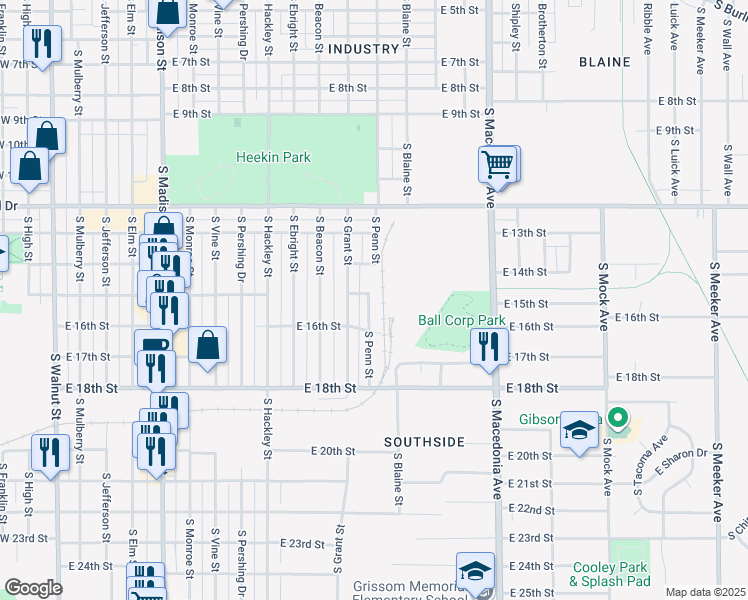 map of restaurants, bars, coffee shops, grocery stores, and more near 2216 South Penn Street in Muncie