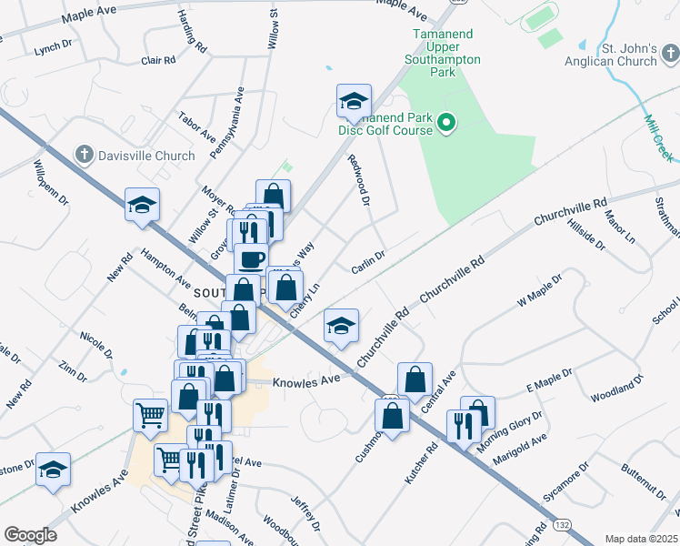 map of restaurants, bars, coffee shops, grocery stores, and more near 909 Carlin Drive in Southampton