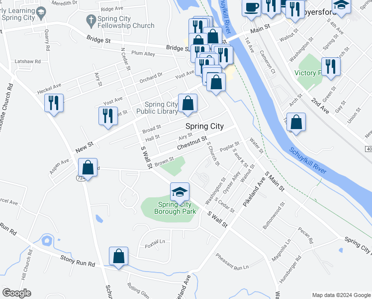 map of restaurants, bars, coffee shops, grocery stores, and more near 264 Chestnut St in Spring City