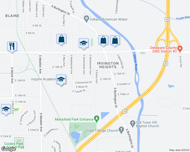 map of restaurants, bars, coffee shops, grocery stores, and more near 2207 South Eaton Avenue in Muncie