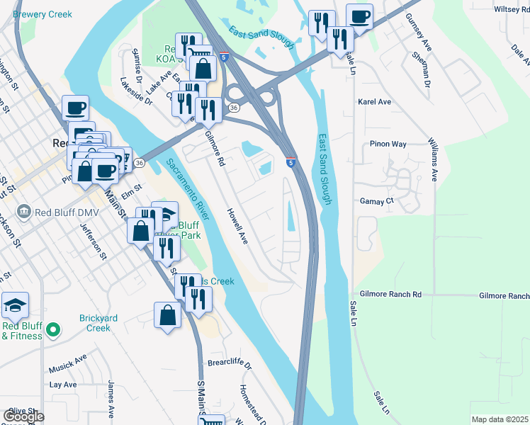 map of restaurants, bars, coffee shops, grocery stores, and more near 54 Byron Avenue in Red Bluff