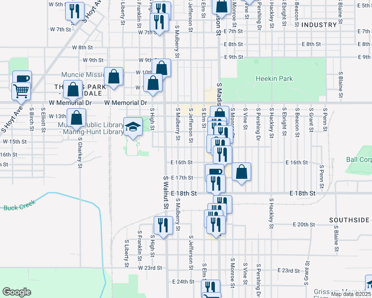 map of restaurants, bars, coffee shops, grocery stores, and more near 2111 South Jefferson Street in Muncie