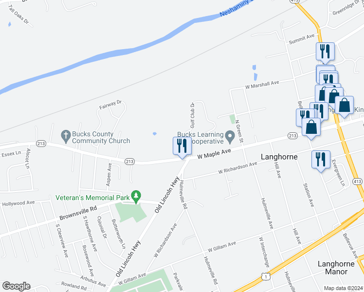 map of restaurants, bars, coffee shops, grocery stores, and more near 193 Golf Club Drive in Langhorne