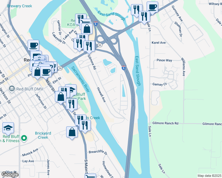 map of restaurants, bars, coffee shops, grocery stores, and more near 52 Byron Avenue in Red Bluff
