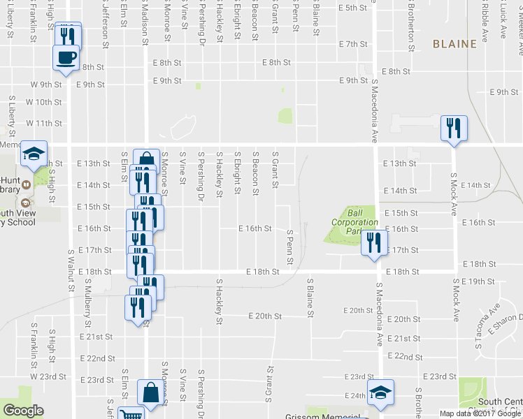 map of restaurants, bars, coffee shops, grocery stores, and more near 2200 South Beacon Street in Muncie