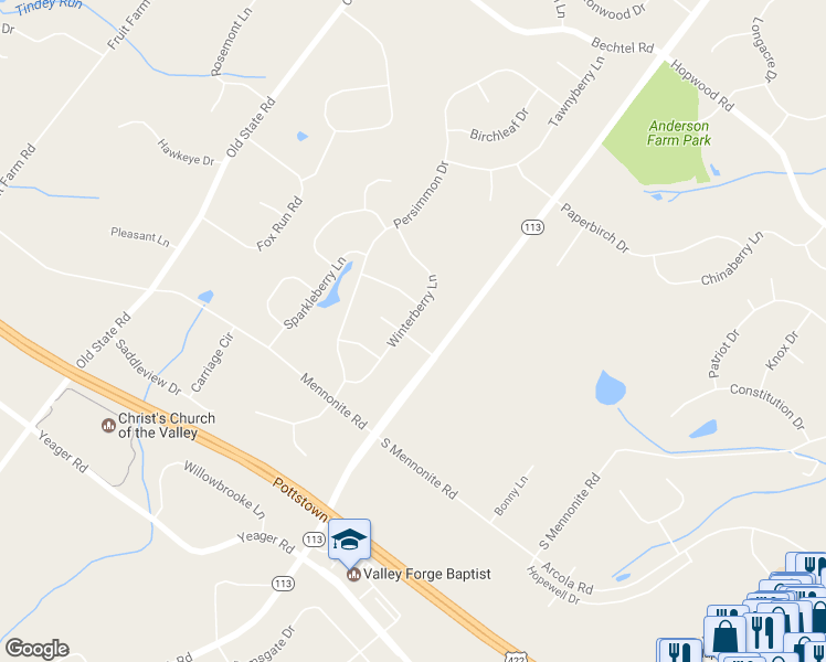 map of restaurants, bars, coffee shops, grocery stores, and more near 218 Winterberry Lane in Collegeville