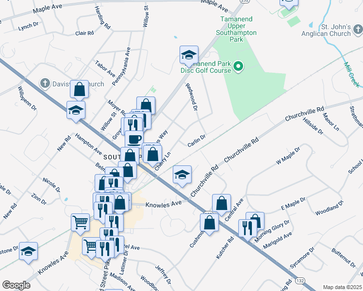 map of restaurants, bars, coffee shops, grocery stores, and more near 909 Carlin Drive in Southampton