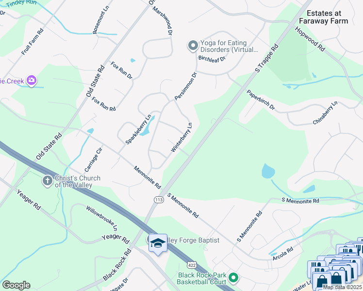 map of restaurants, bars, coffee shops, grocery stores, and more near 218 Winterberry Lane in Collegeville