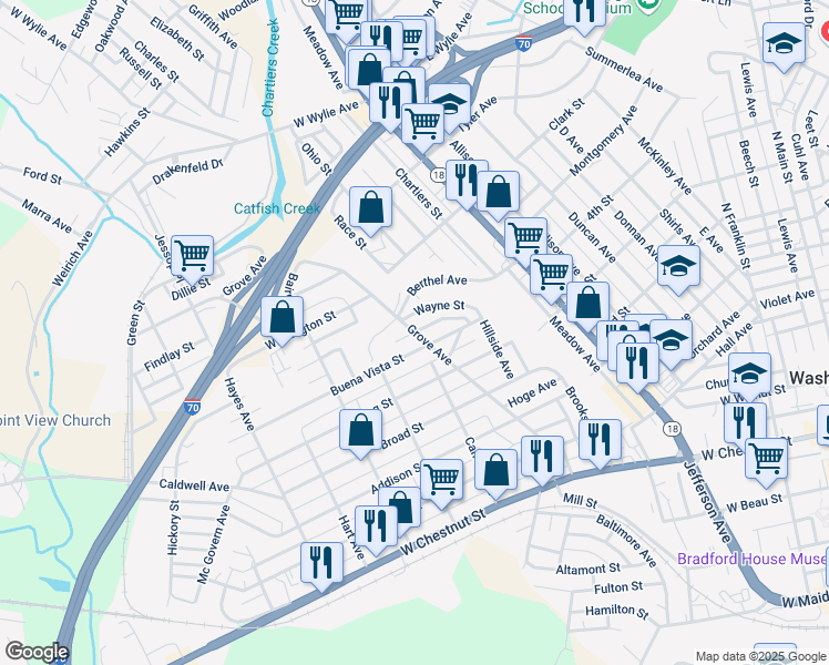 map of restaurants, bars, coffee shops, grocery stores, and more near Alley Street in Washington