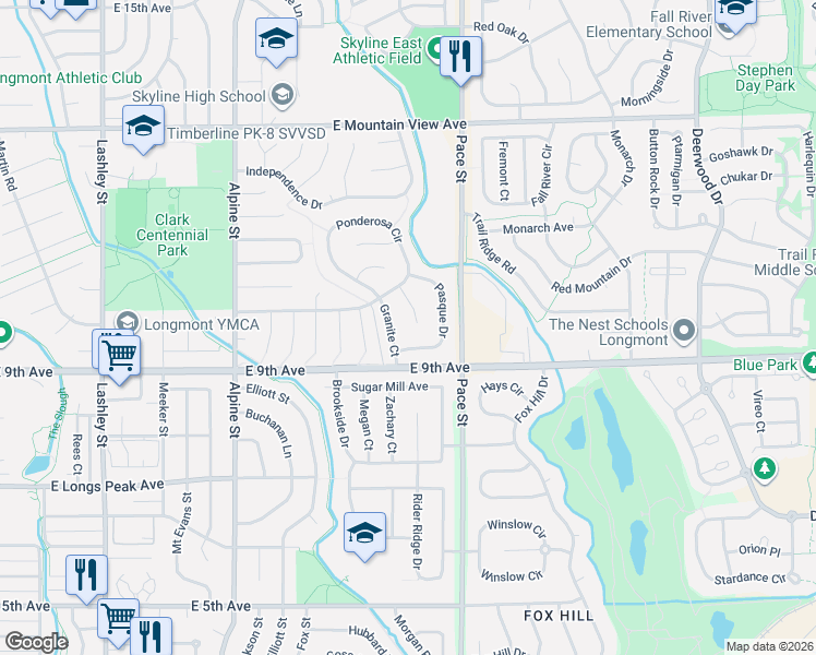 map of restaurants, bars, coffee shops, grocery stores, and more near 933 Quartz Court in Longmont