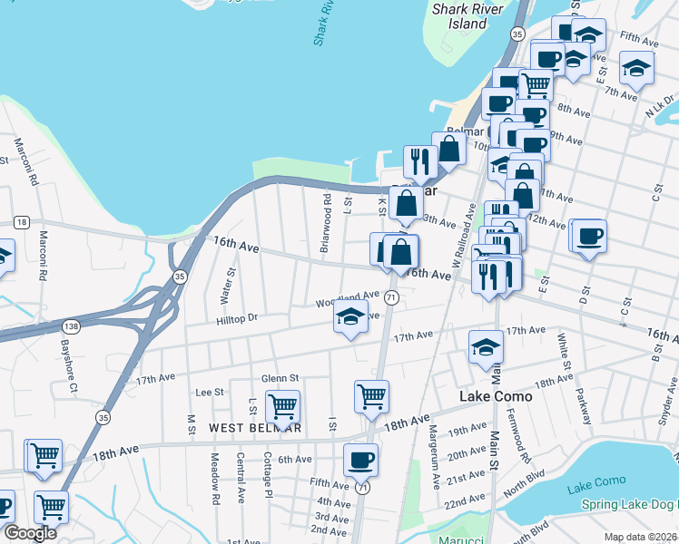 map of restaurants, bars, coffee shops, grocery stores, and more near 1259 Briarwood Road in Belmar