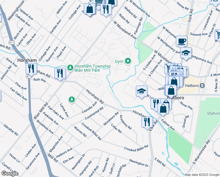 map of restaurants, bars, coffee shops, grocery stores, and more near 300 Horsham Road in Hatboro
