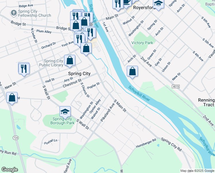 map of restaurants, bars, coffee shops, grocery stores, and more near 201 South Main Street in Spring City