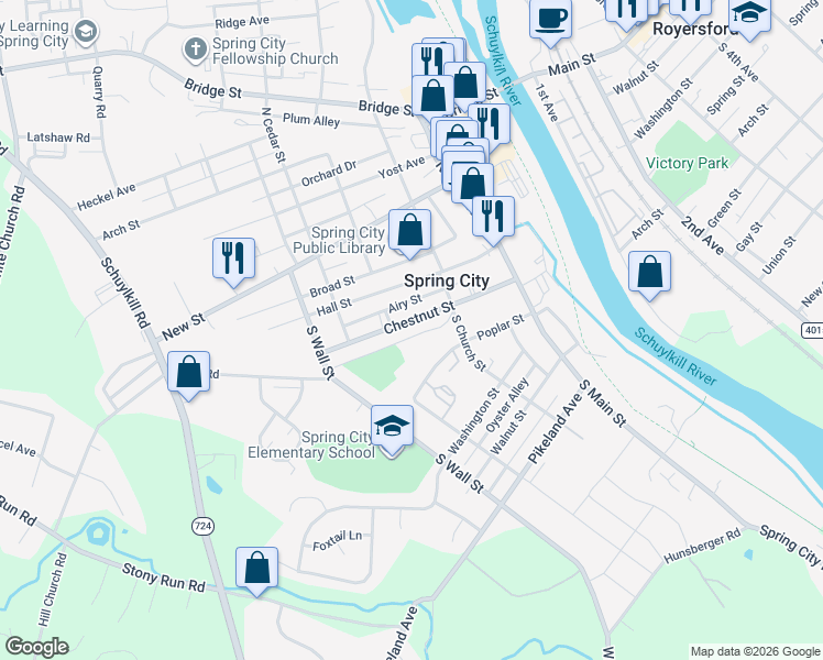 map of restaurants, bars, coffee shops, grocery stores, and more near 247 Chestnut Street in Spring City