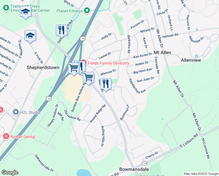 map of restaurants, bars, coffee shops, grocery stores, and more near 5 Pine Tree Drive in Mechanicsburg