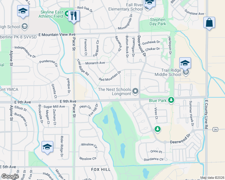 map of restaurants, bars, coffee shops, grocery stores, and more near 1346 McClure Drive in Longmont
