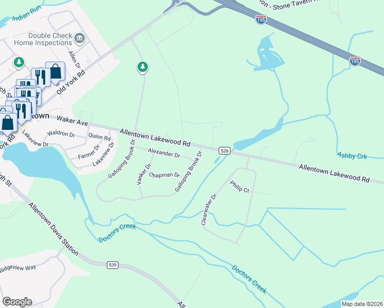 map of restaurants, bars, coffee shops, grocery stores, and more near 14 Alexander Drive in Allentown