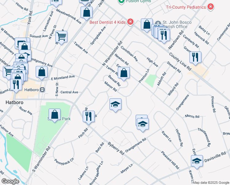 map of restaurants, bars, coffee shops, grocery stores, and more near 439 Manor Road in Hatboro