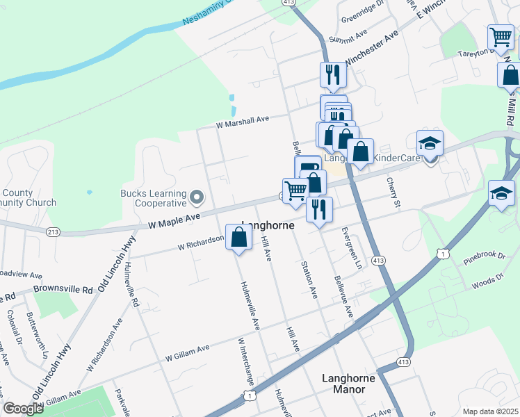 map of restaurants, bars, coffee shops, grocery stores, and more near 160 West Maple Avenue in Langhorne