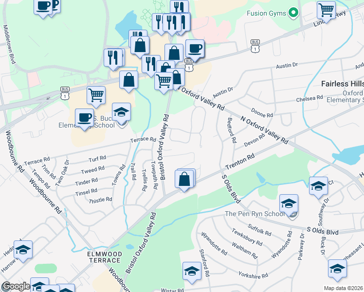 map of restaurants, bars, coffee shops, grocery stores, and more near 216 Liberty Drive in Langhorne