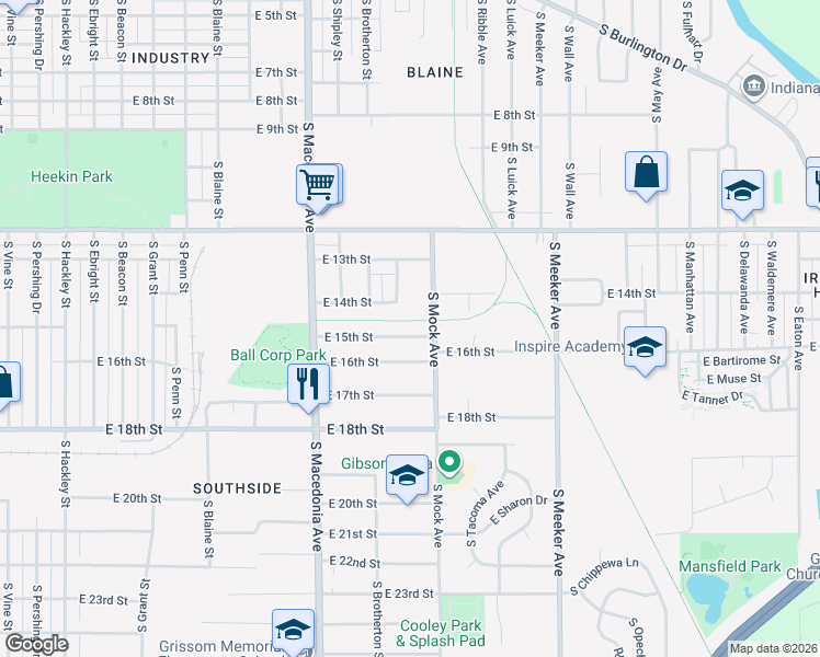 map of restaurants, bars, coffee shops, grocery stores, and more near 2009 East 14th Street in Muncie