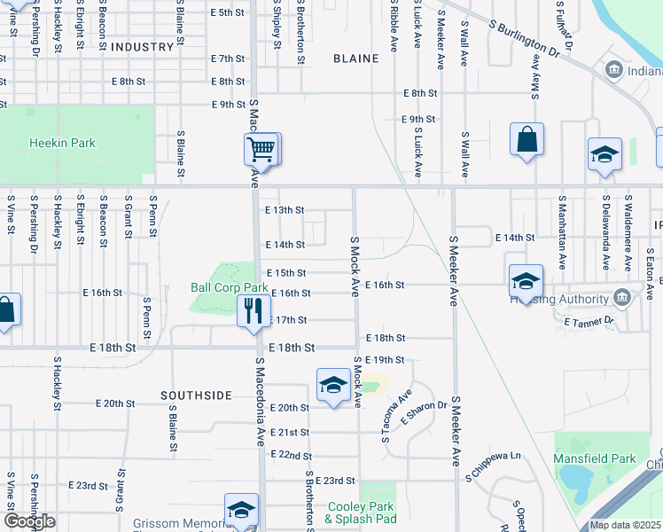 map of restaurants, bars, coffee shops, grocery stores, and more near 2009 East 14th Street in Muncie