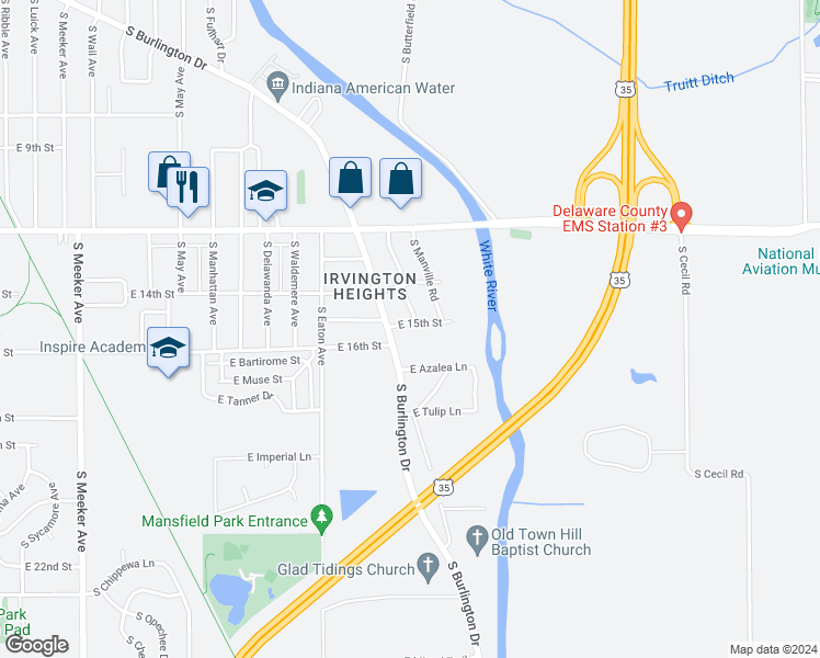 map of restaurants, bars, coffee shops, grocery stores, and more near 3413 East 15th Street in Muncie