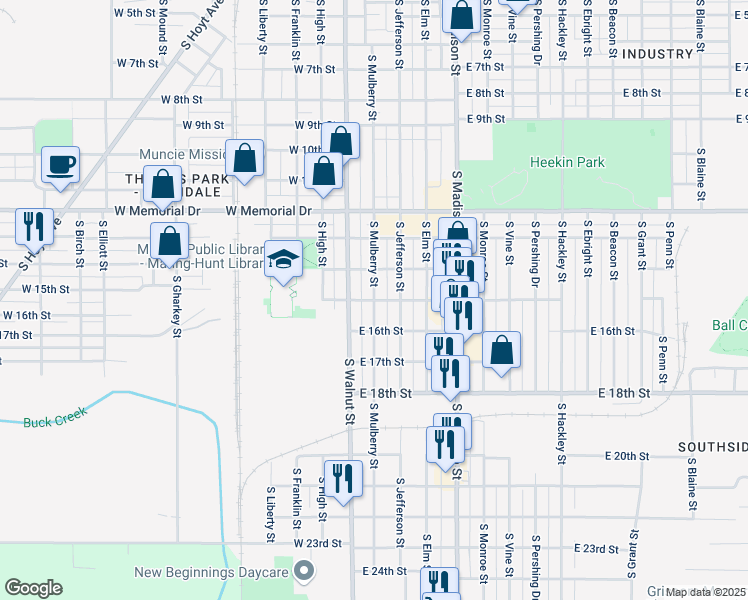 map of restaurants, bars, coffee shops, grocery stores, and more near 201 East 15th Street in Muncie