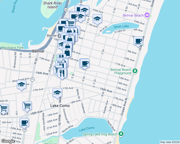 map of restaurants, bars, coffee shops, grocery stores, and more near 419 12th Avenue in Belmar