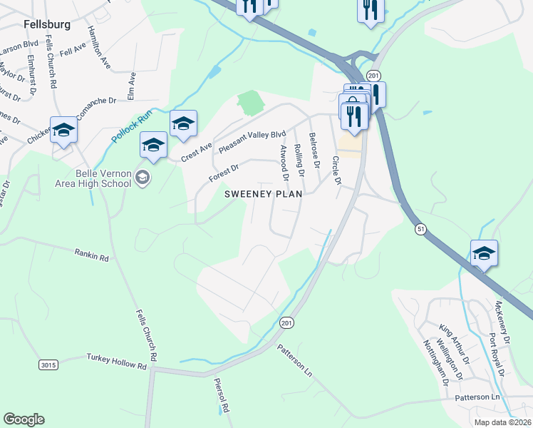 map of restaurants, bars, coffee shops, grocery stores, and more near 130 Sweeney Circle Drive in Belle Vernon