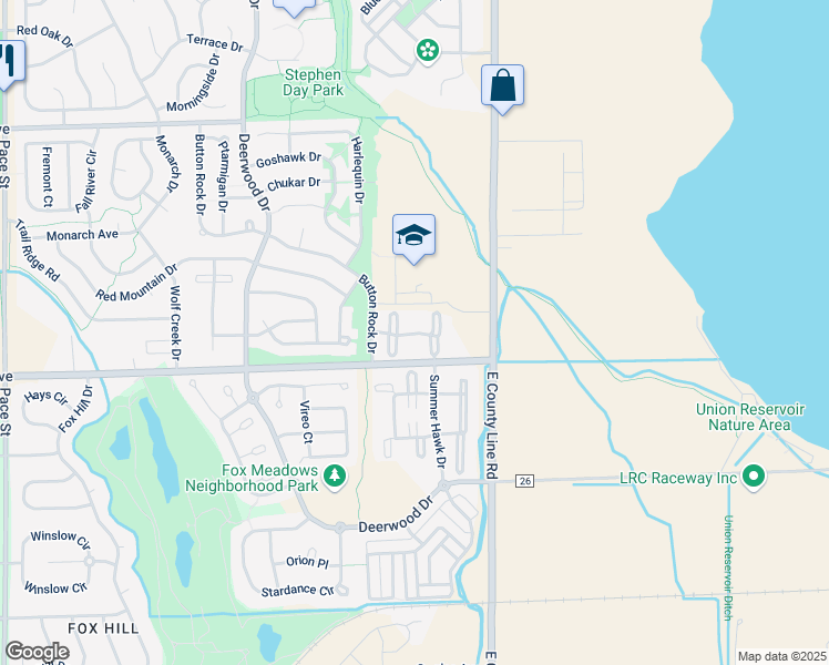map of restaurants, bars, coffee shops, grocery stores, and more near 95 Summer Hawk Drive in Longmont