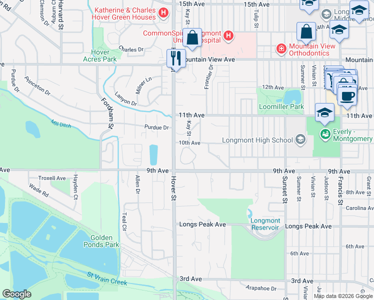 map of restaurants, bars, coffee shops, grocery stores, and more near 1000 Kay Street in Longmont
