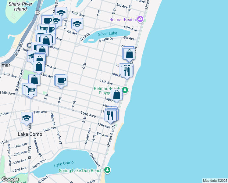 map of restaurants, bars, coffee shops, grocery stores, and more near 115 11th Avenue in Belmar