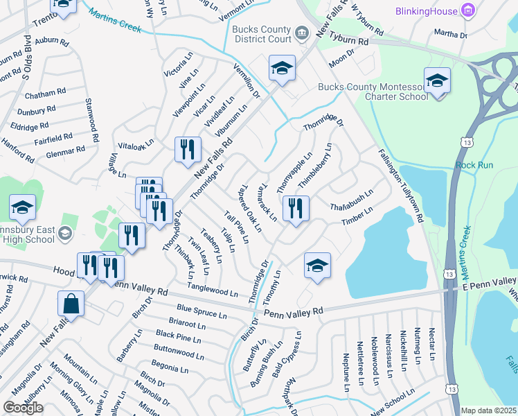map of restaurants, bars, coffee shops, grocery stores, and more near 25 Tamarack Lane in Levittown