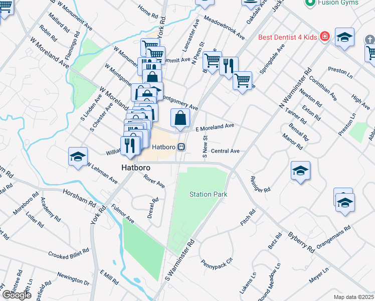 map of restaurants, bars, coffee shops, grocery stores, and more near 122 East Moreland Avenue in Hatboro