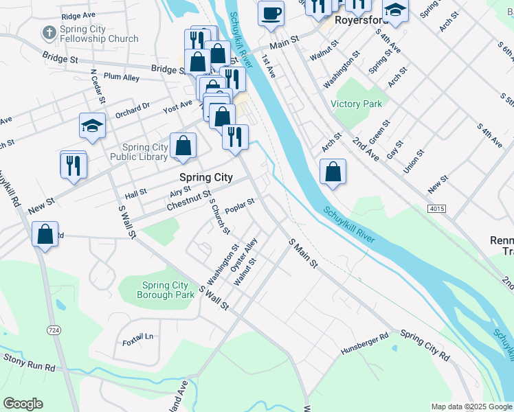 map of restaurants, bars, coffee shops, grocery stores, and more near 208 South Main Street in Spring City