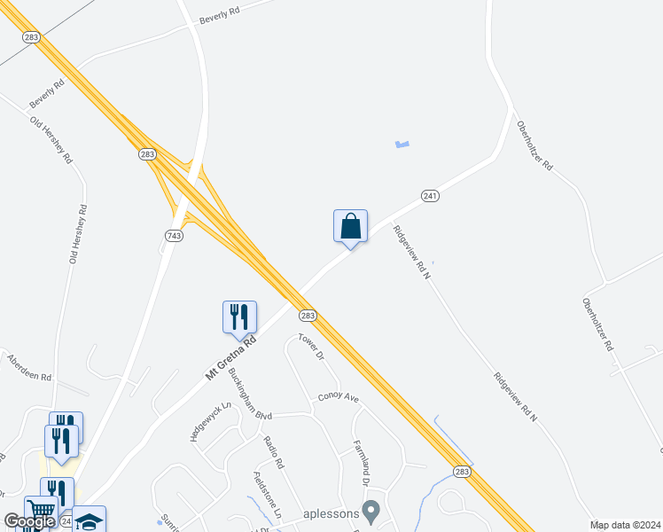 map of restaurants, bars, coffee shops, grocery stores, and more near 1122 Mount Gretna Road in Elizabethtown