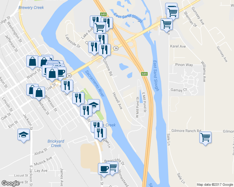 map of restaurants, bars, coffee shops, grocery stores, and more near 155 Gilmore Road in Red Bluff
