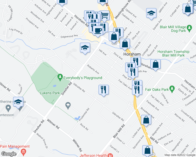 map of restaurants, bars, coffee shops, grocery stores, and more near 222 New Road in Horsham