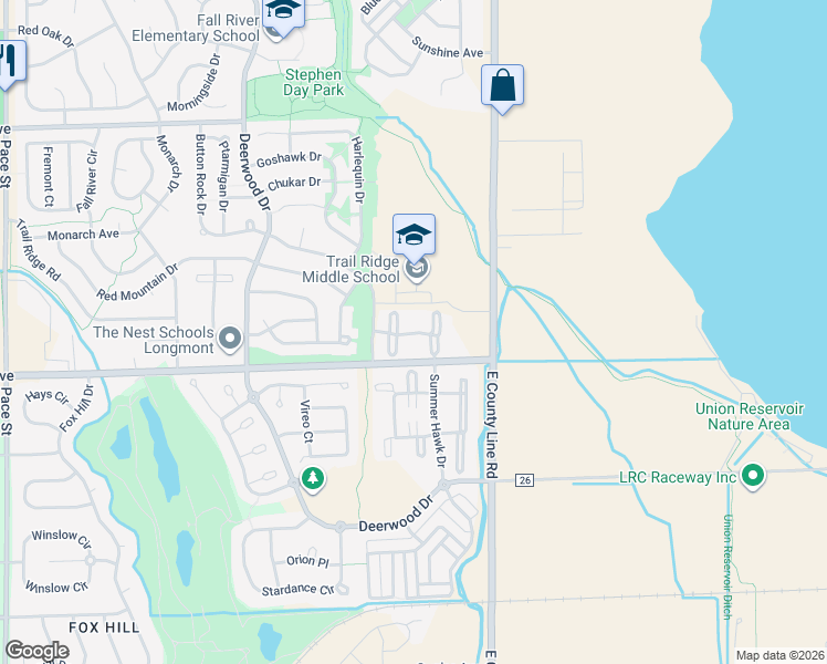 map of restaurants, bars, coffee shops, grocery stores, and more near 95 Summer Hawk Drive in Longmont