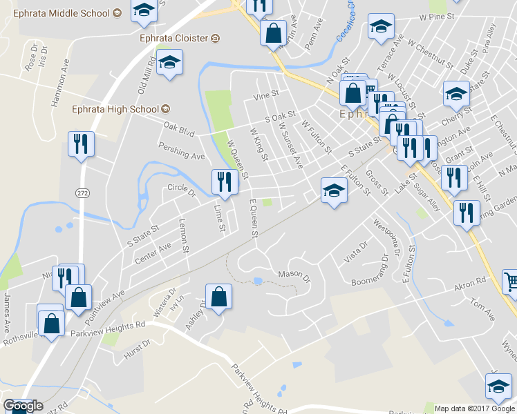 map of restaurants, bars, coffee shops, grocery stores, and more near 22 East Queen Street in Ephrata