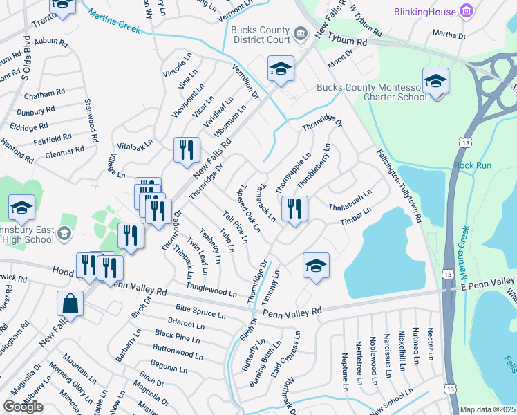 map of restaurants, bars, coffee shops, grocery stores, and more near 25 Tamarack Lane in Levittown