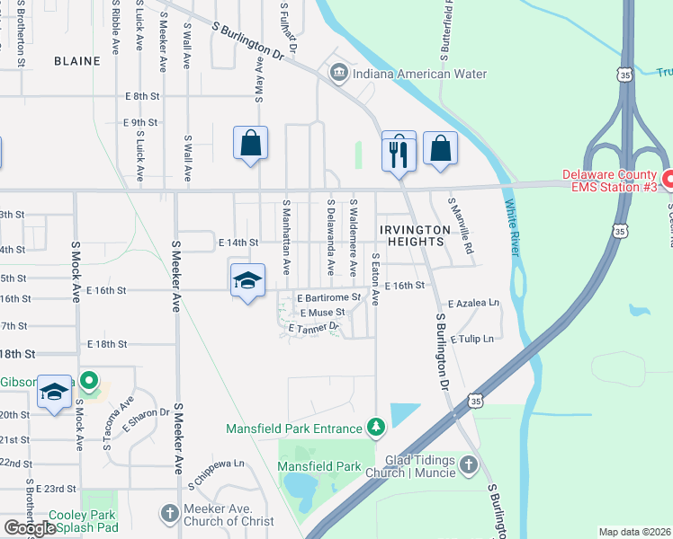 map of restaurants, bars, coffee shops, grocery stores, and more near 2104 South Delawanda Avenue in Muncie