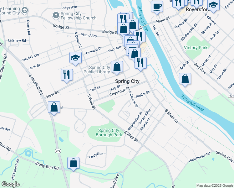 map of restaurants, bars, coffee shops, grocery stores, and more near 256 Chestnut Street in Spring City