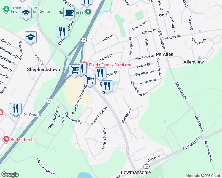 map of restaurants, bars, coffee shops, grocery stores, and more near 5 Pine Tree Drive in Mechanicsburg