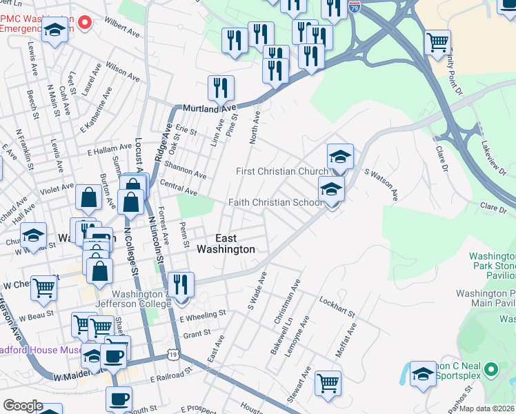 map of restaurants, bars, coffee shops, grocery stores, and more near 245 North Wade Avenue in Washington