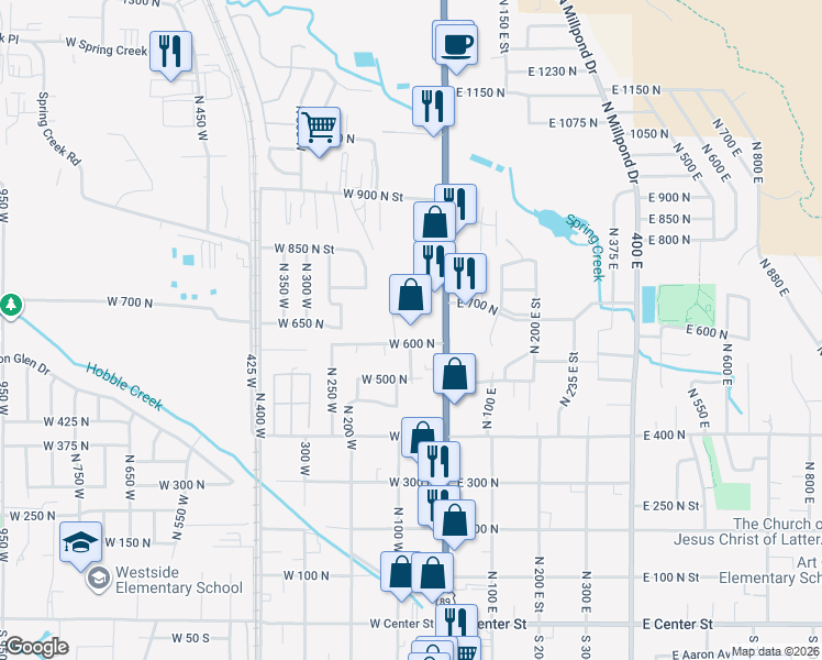 map of restaurants, bars, coffee shops, grocery stores, and more near 690 North 100 West in Springville