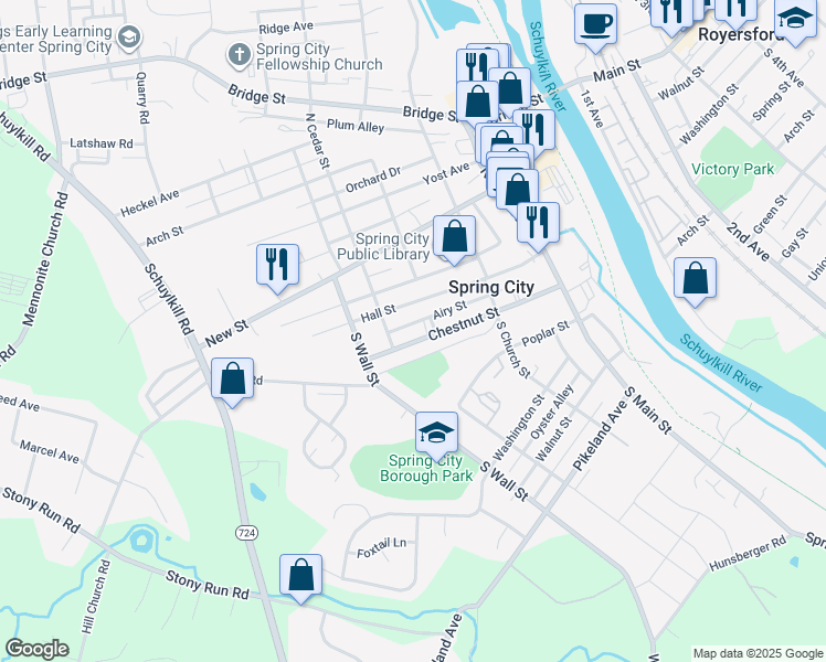 map of restaurants, bars, coffee shops, grocery stores, and more near 311 Airy Street in Spring City